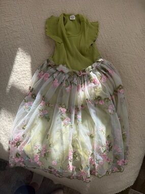 Green Floral Tulle Dress with Embroidered Flowers